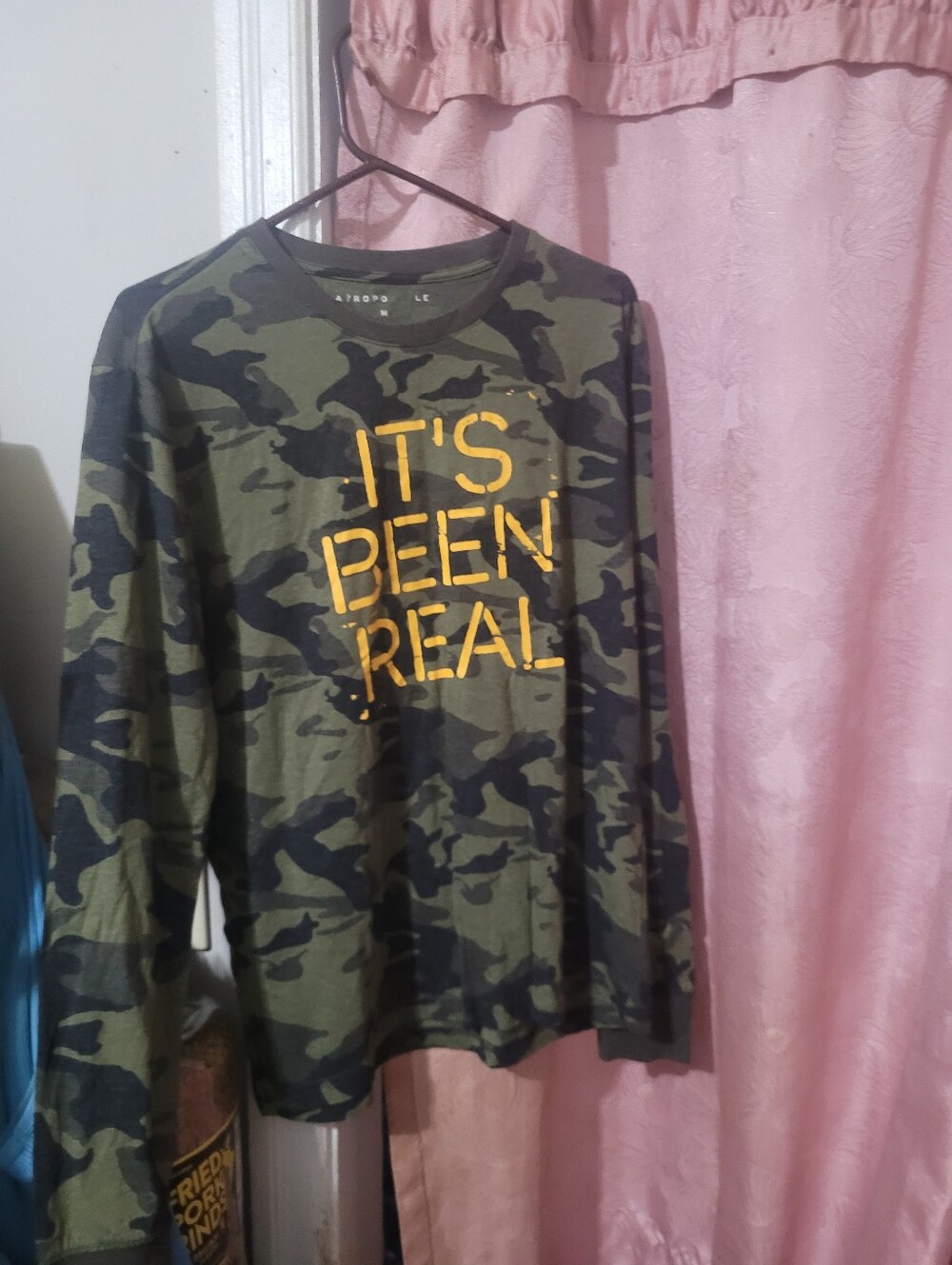 Aeropostale Men's Green Camo Long-Sleeve Shirt with Yellow Text